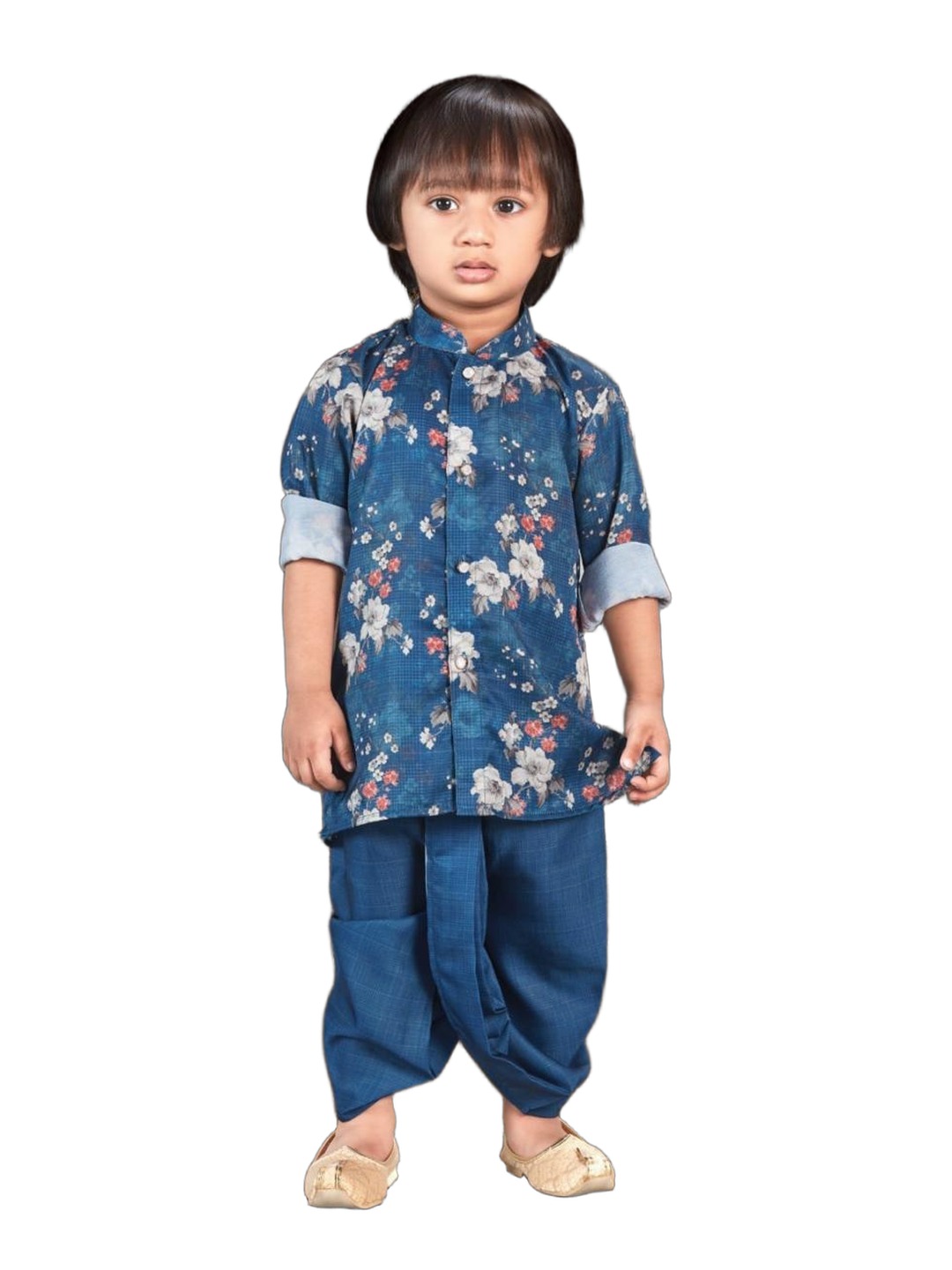 Boys floral print kurta with navy dhoti
