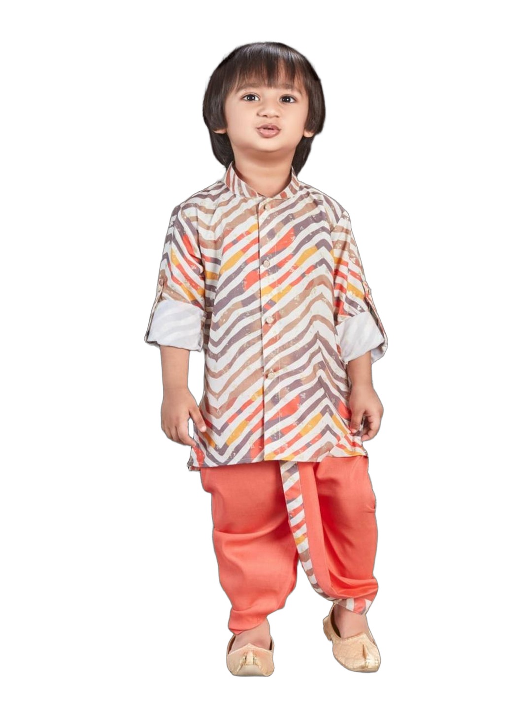 Boys chevron print kurta with peach dhoti
