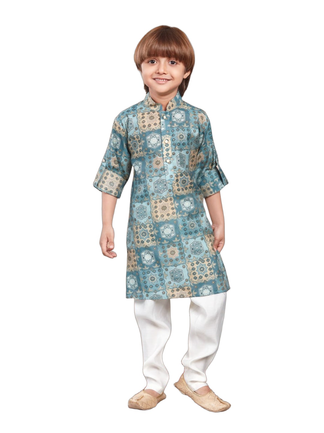 Boys teal geometric print kurta pajama