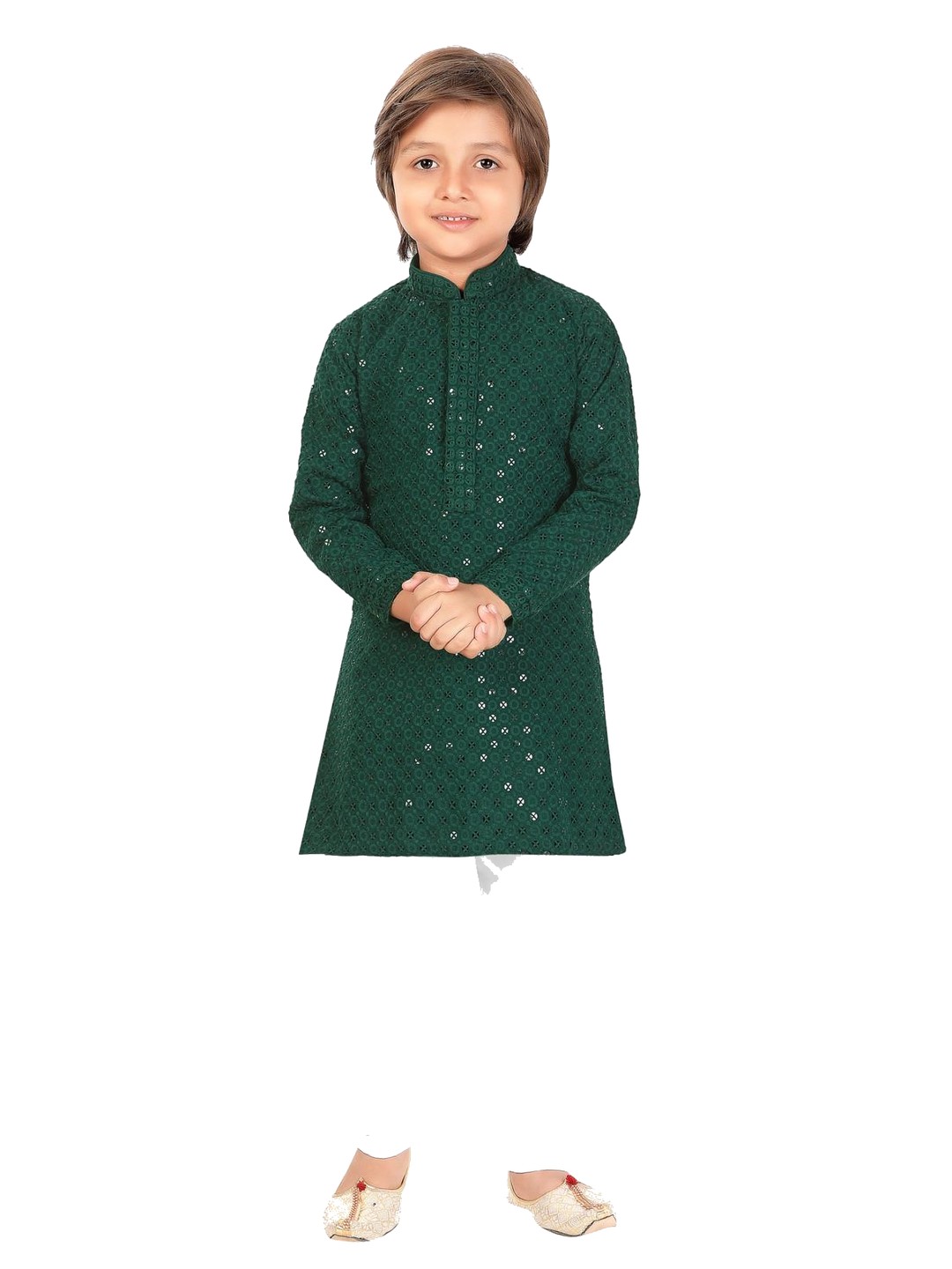 Boys forest green embroidered kurta pajama