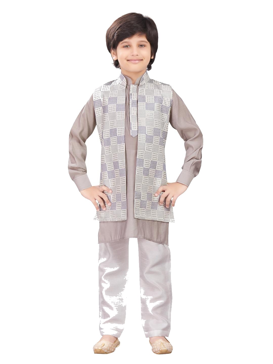 Boys taupe kurta with grey check jacket
