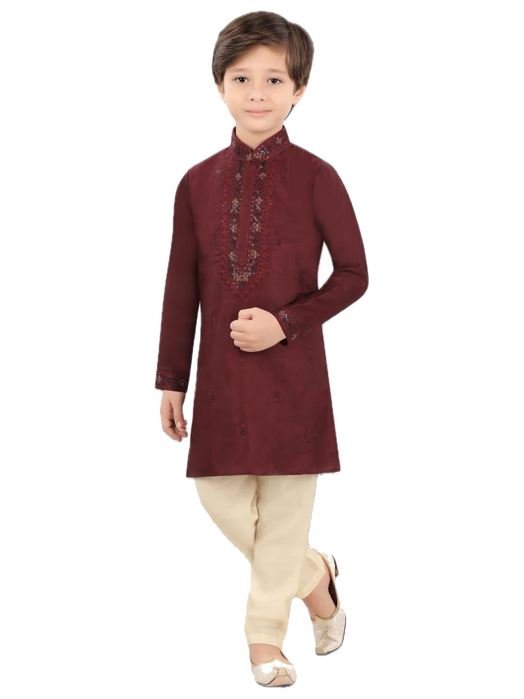 Boys maroon embroidered kurta pajama