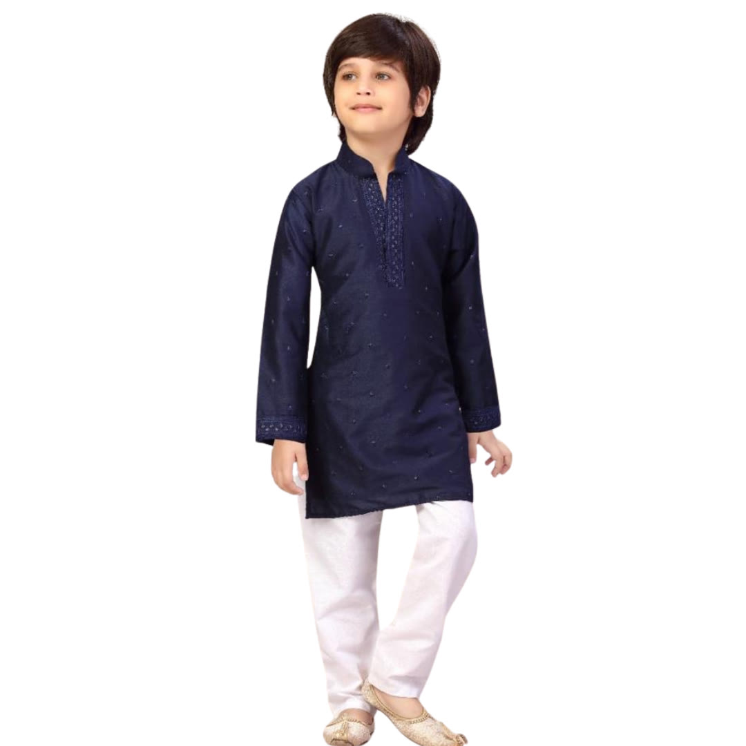 Boys navy embroidered kurta pajama
