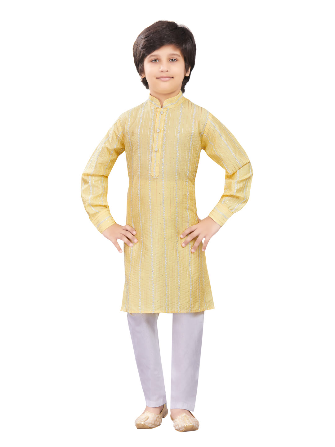 Boys pale yellow striped kurta pajama