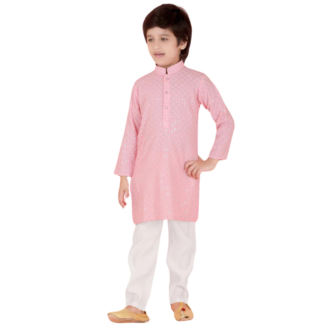 Boys light pink embroidered kurta pajama