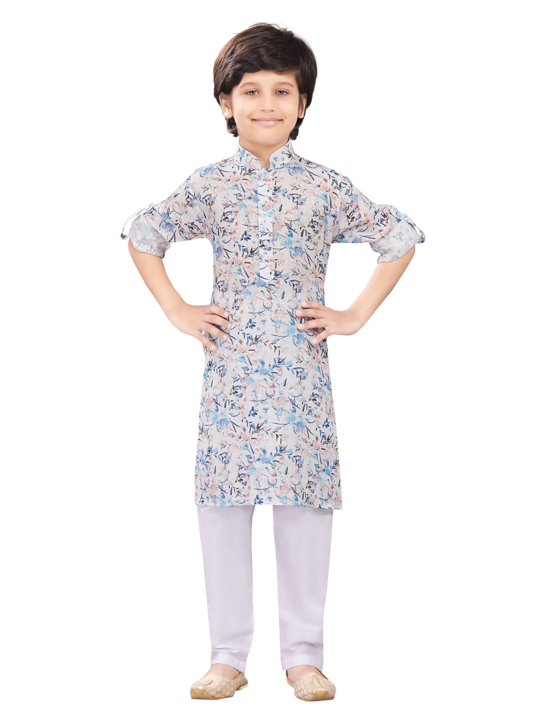Boys grey-blue floral kurta pajama