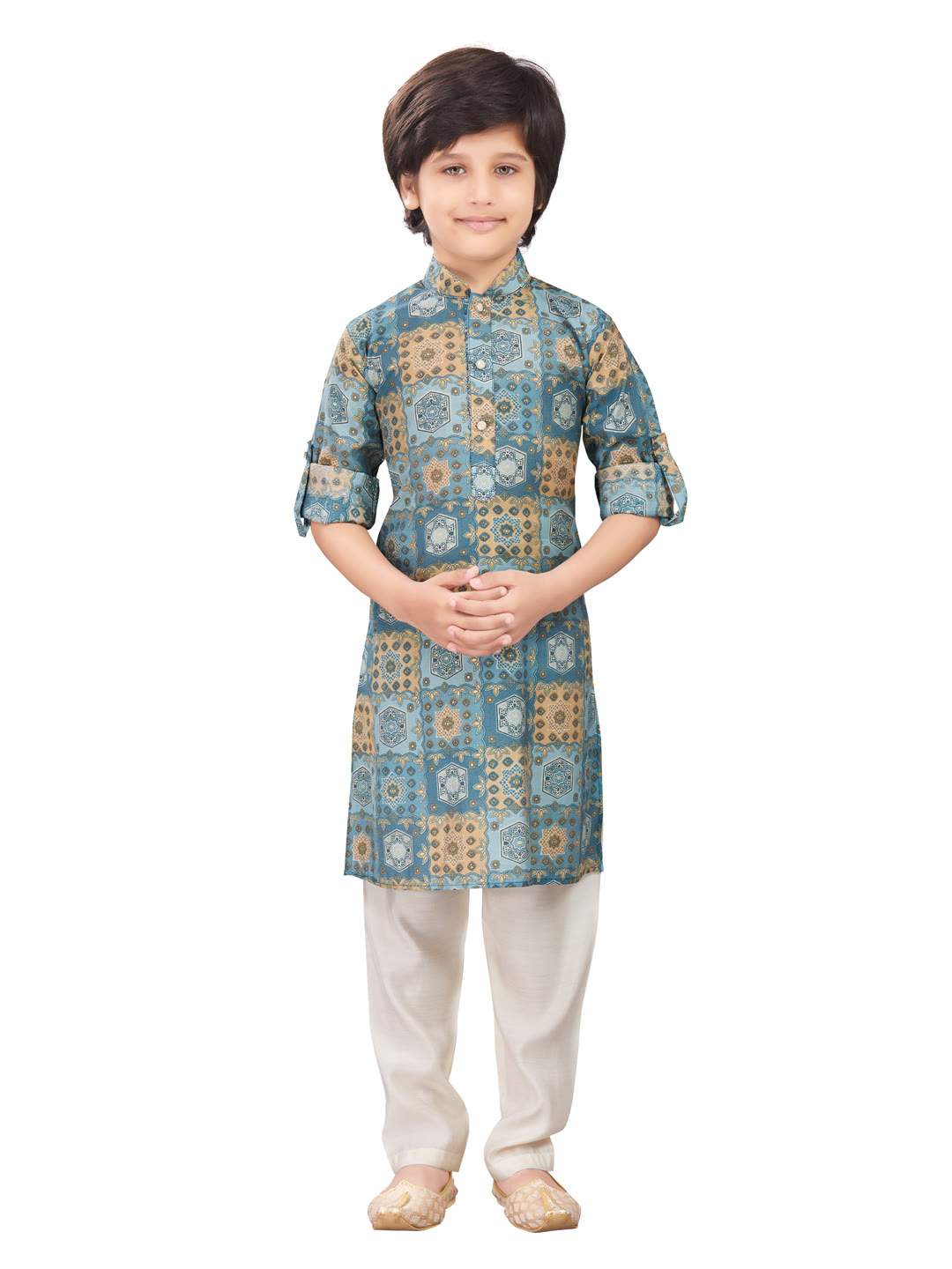 Boys teal geometric print kurta pajama