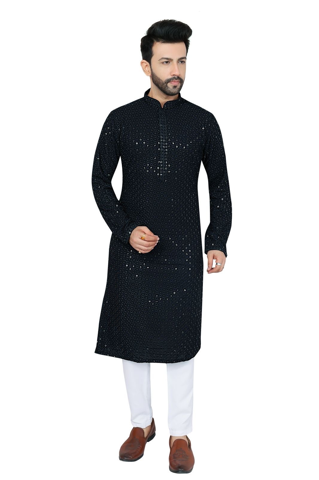 Mens black chikankari sequin kurta pajama