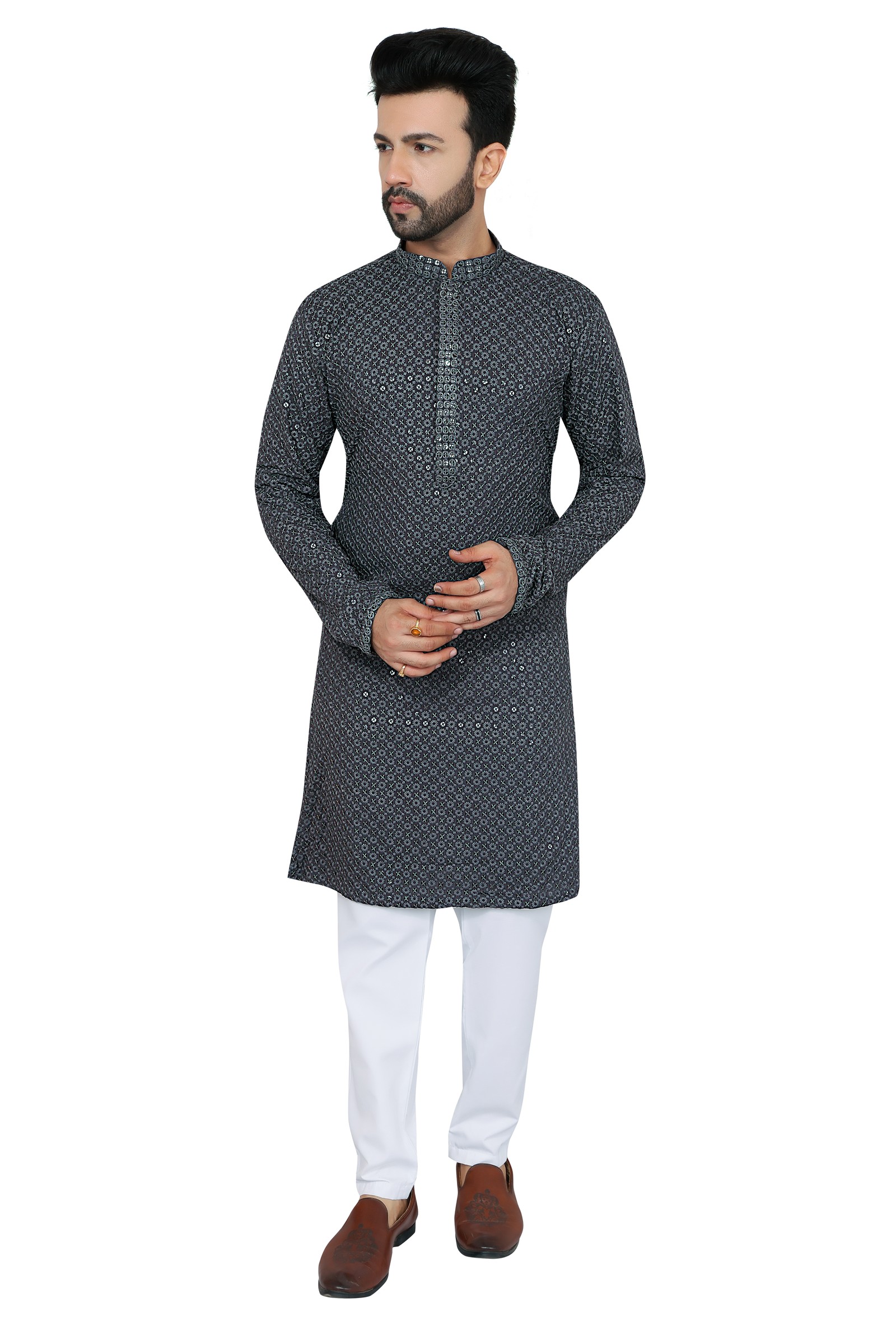 Mens grey chikankari sequin kurta pajama