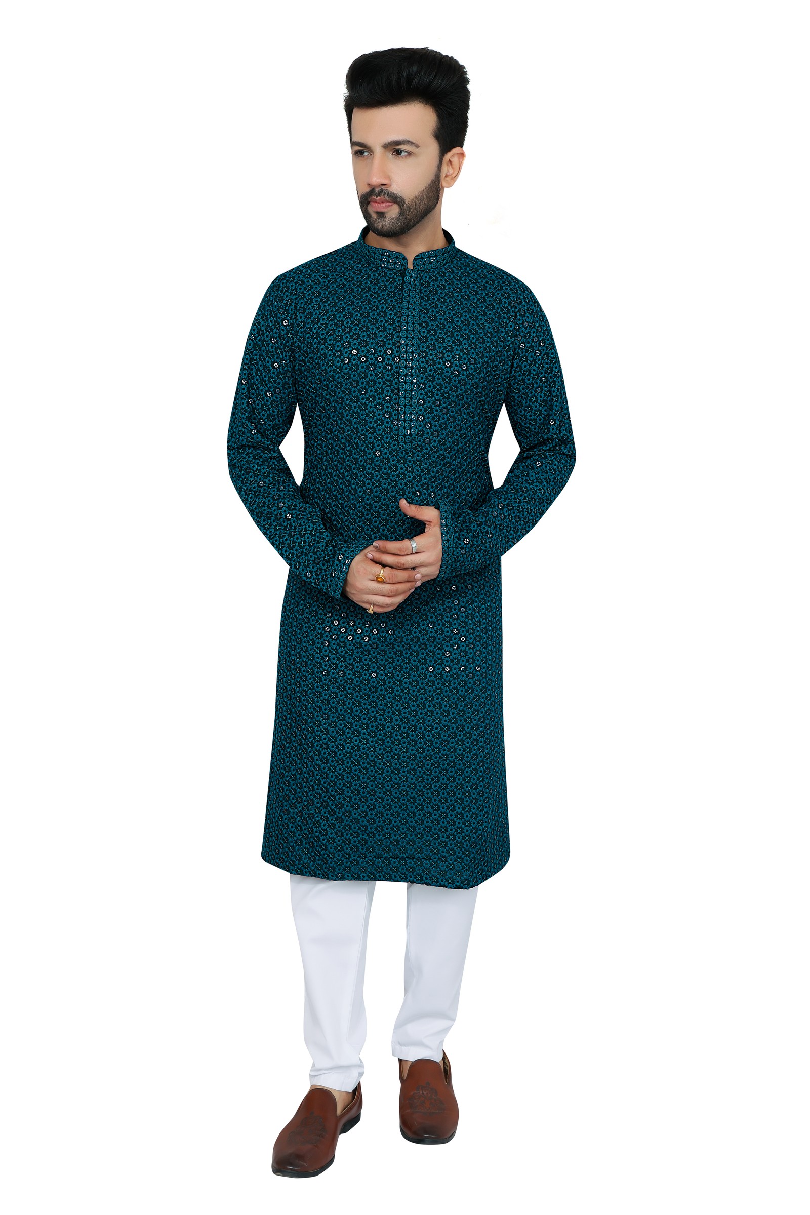 Mens bottle green chikankari sequin kurta pajama