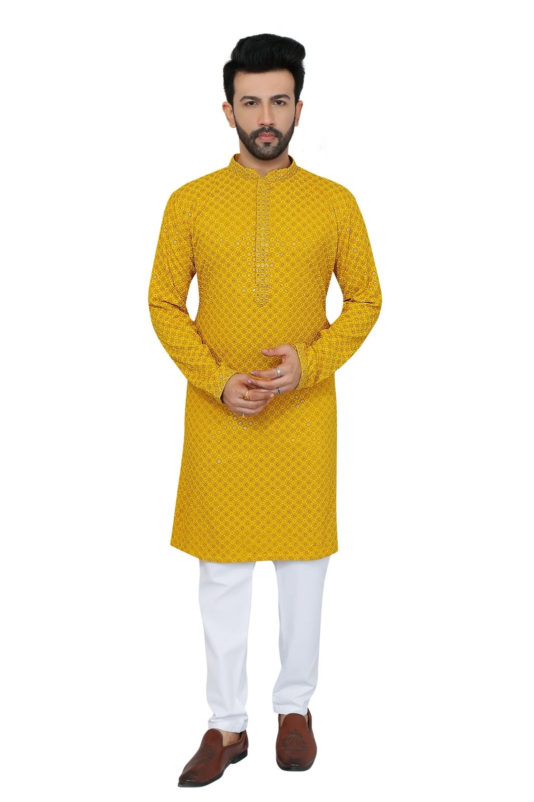 Mens mustard yellow chikankari sequin kurta pajama