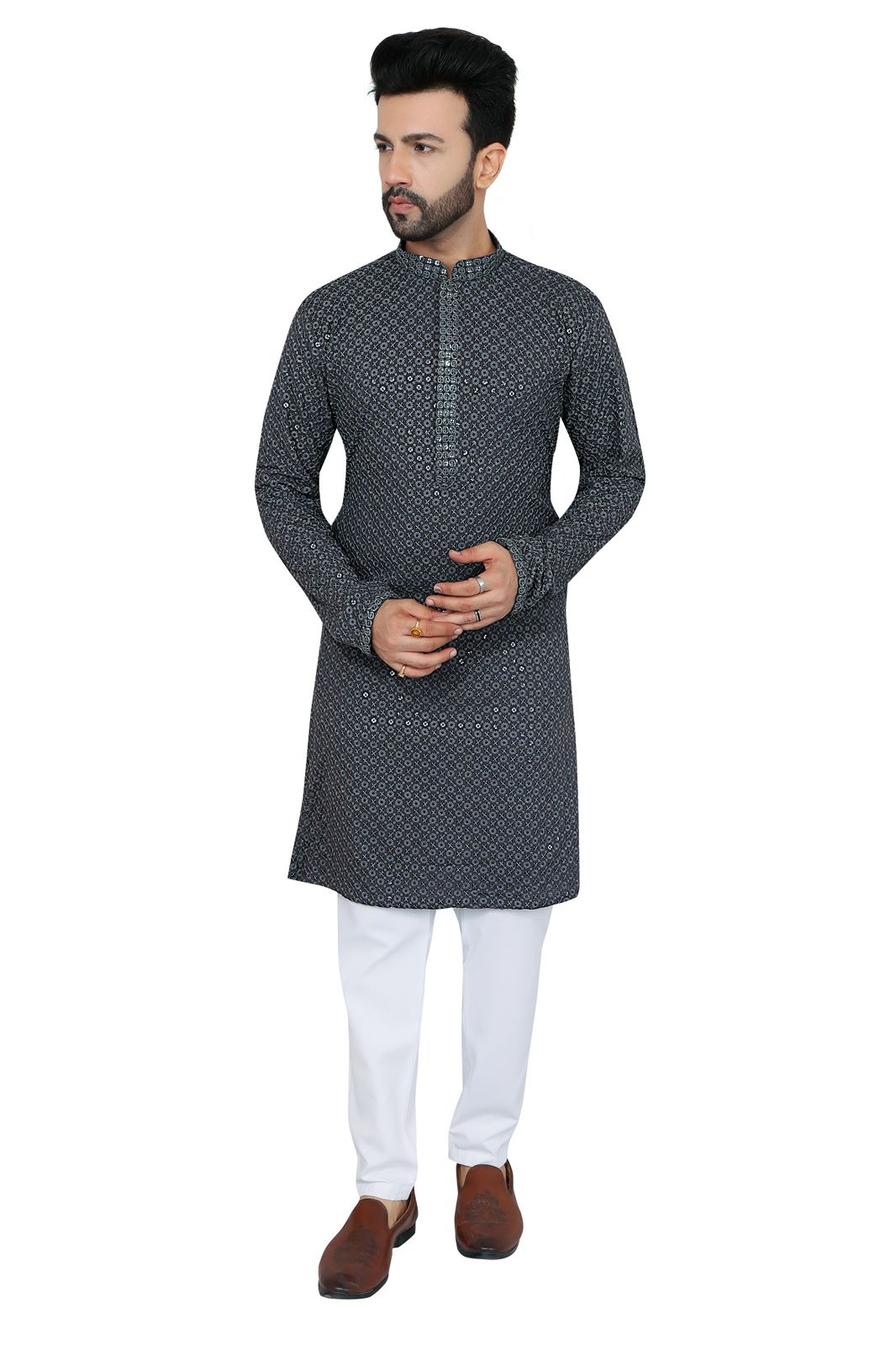 Mens navy blue chikankari sequin kurta pajama