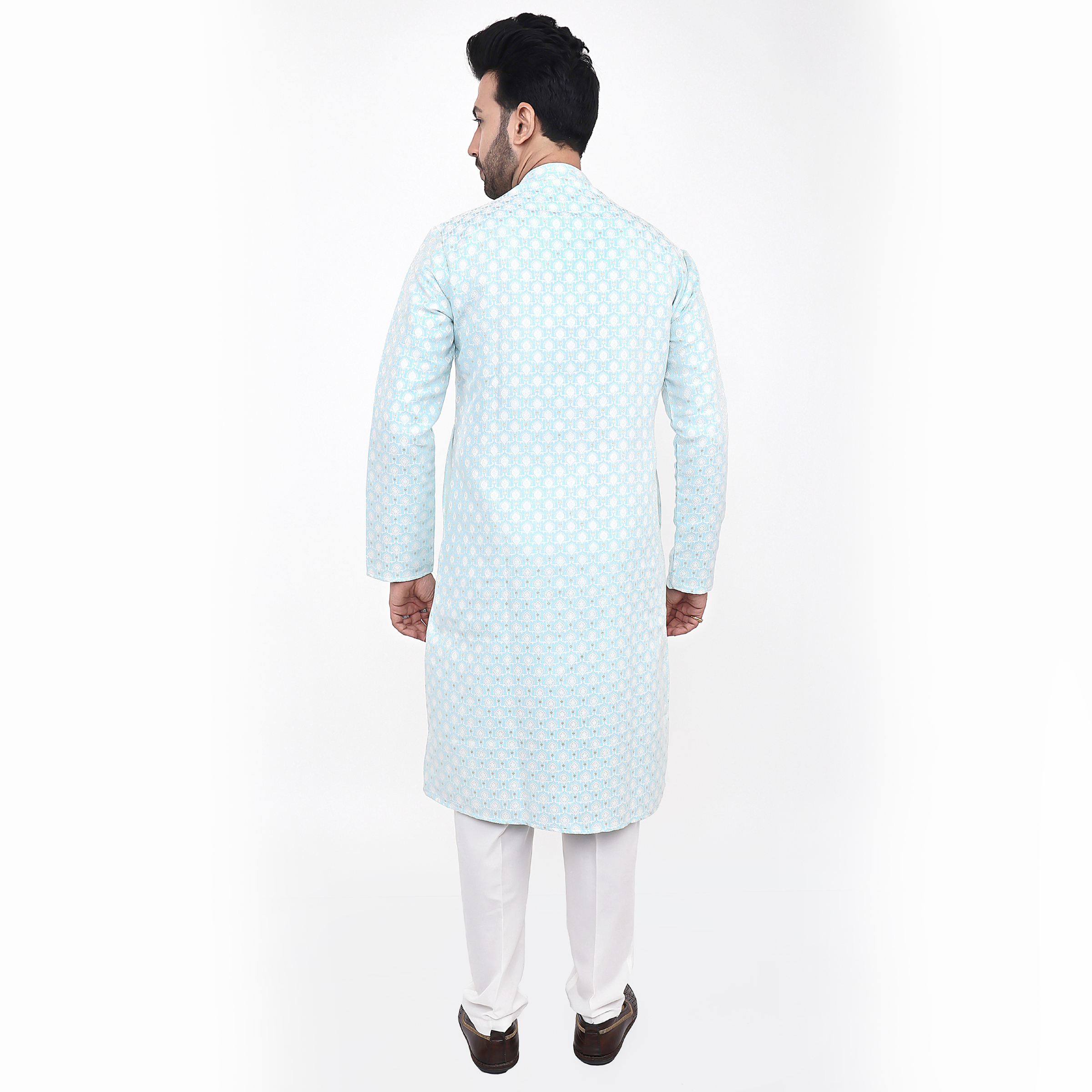 Men's Silk Blend Kurta Pyjama Set, Blue Floral Print