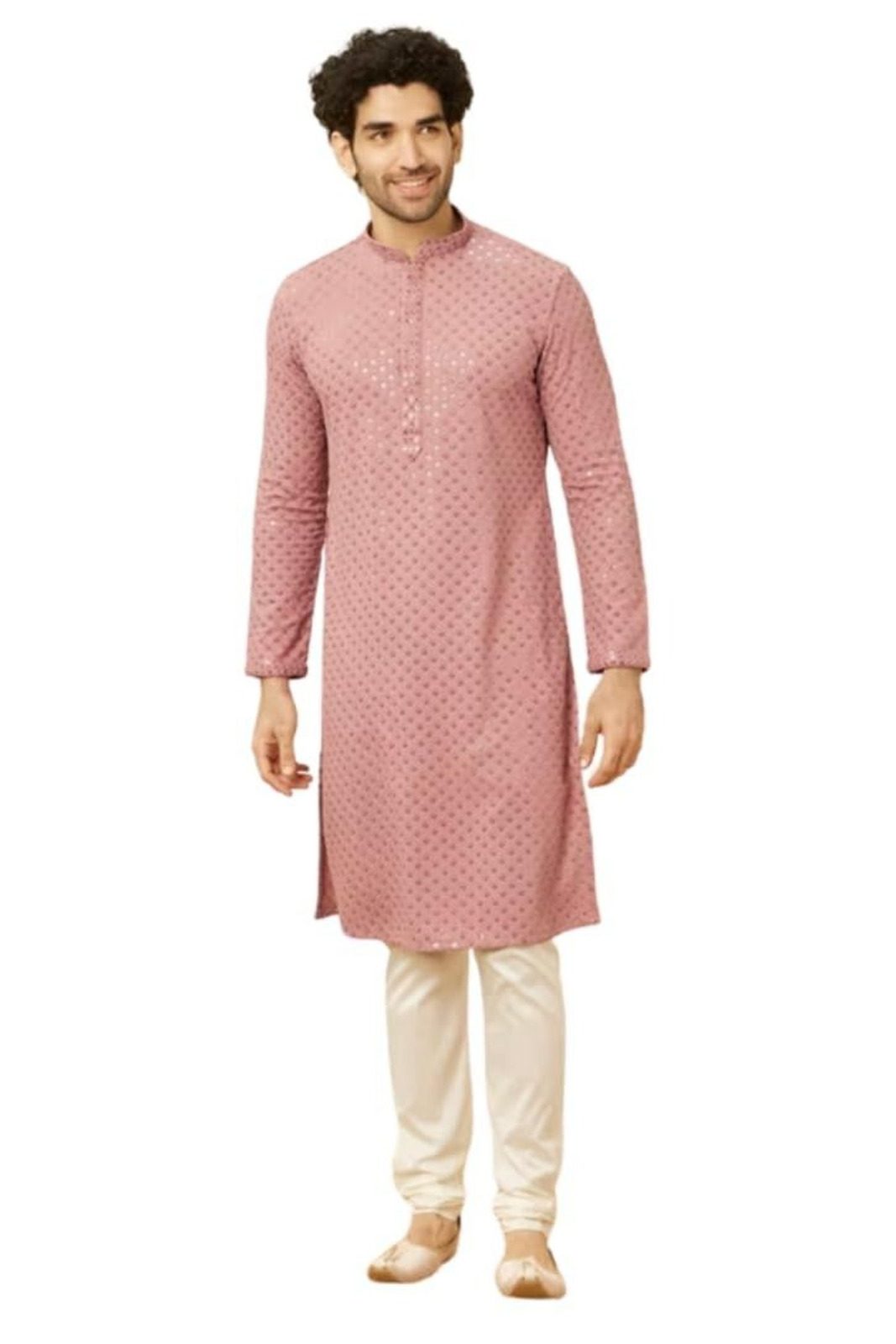 Men's Light Pink Chikankari Kurta with White Pants Set