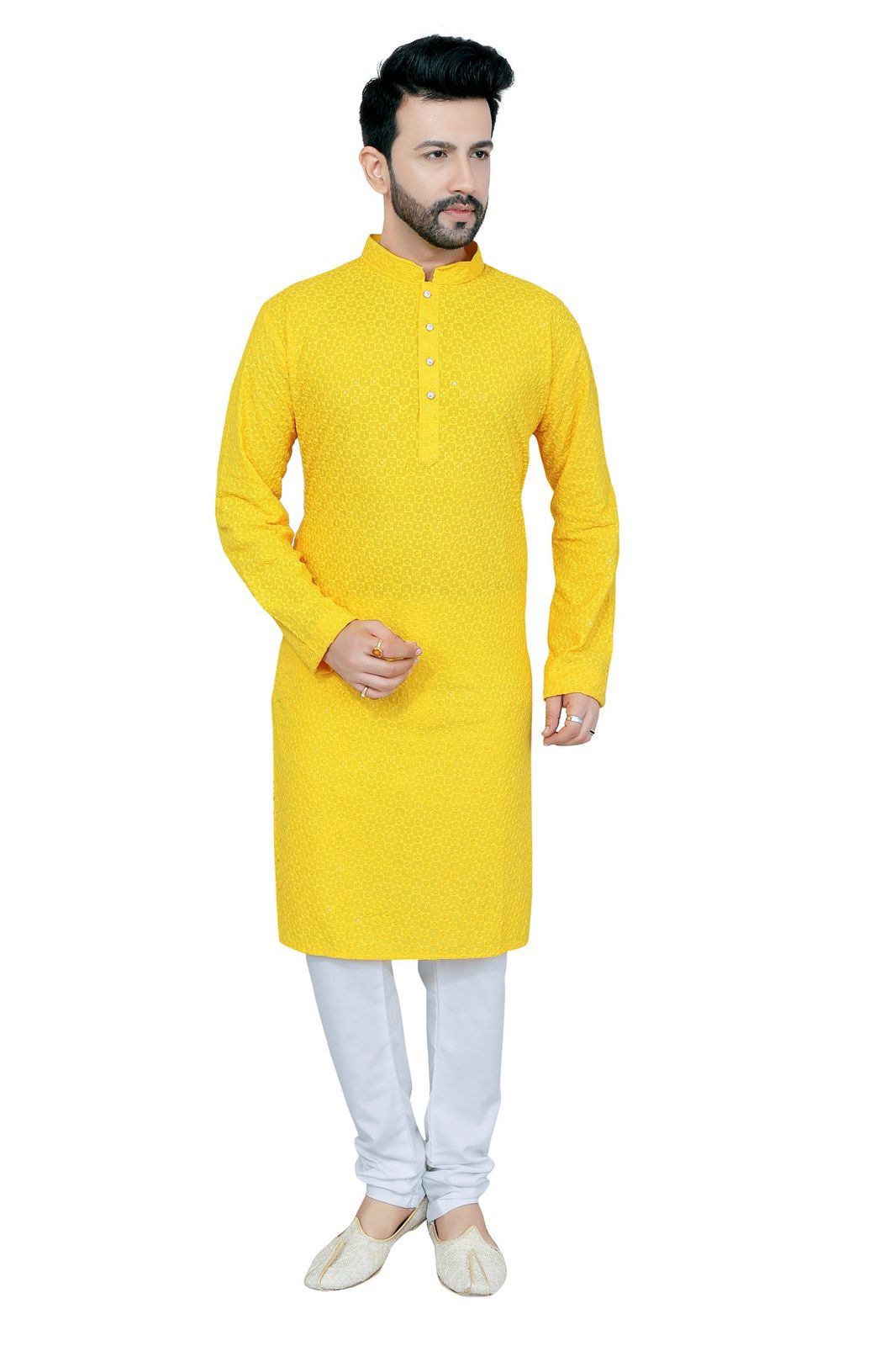 Mens bright yellow chikankari kurta pajama