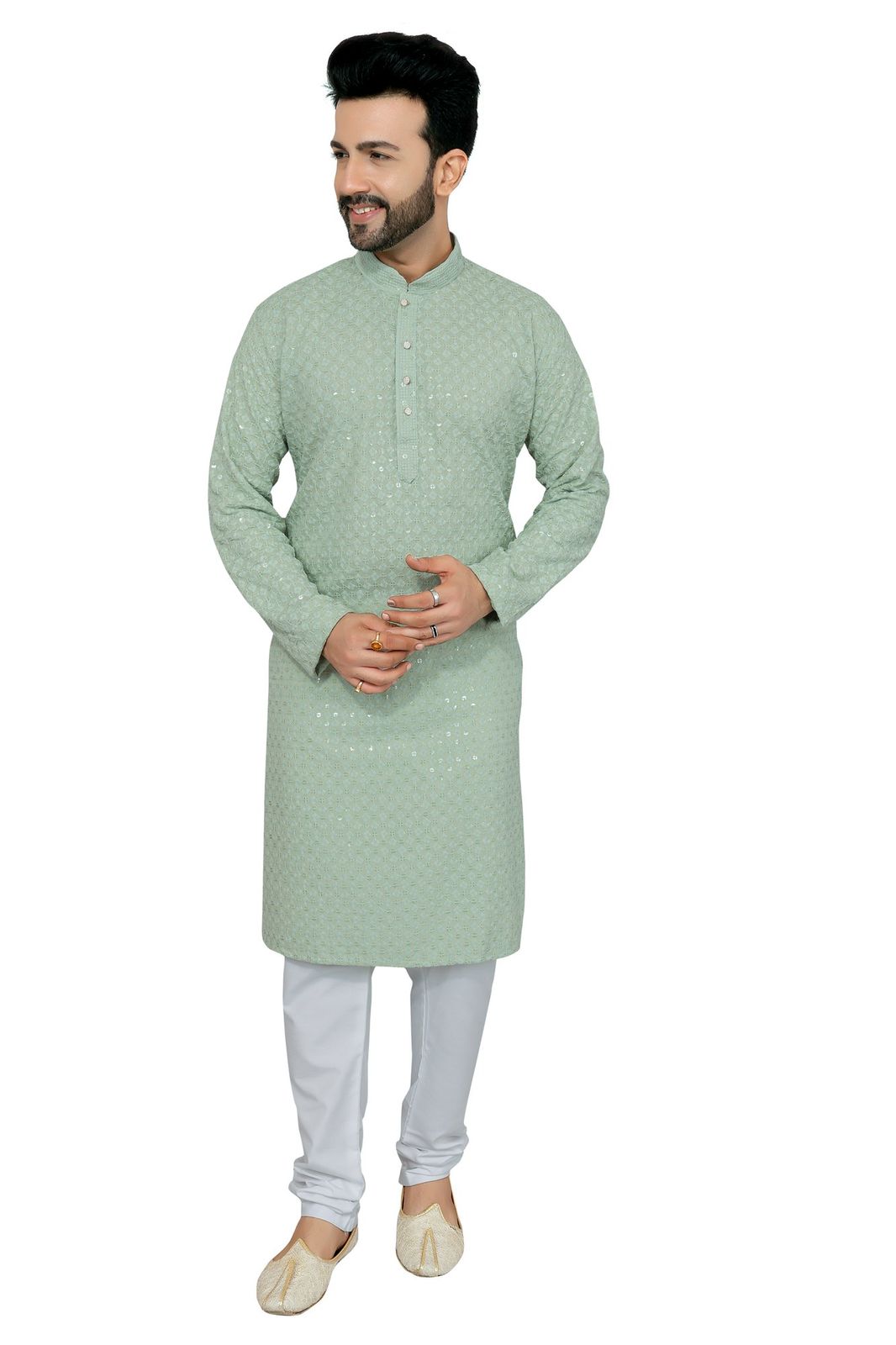 Mens pista green chikankari sequin kurta pajama