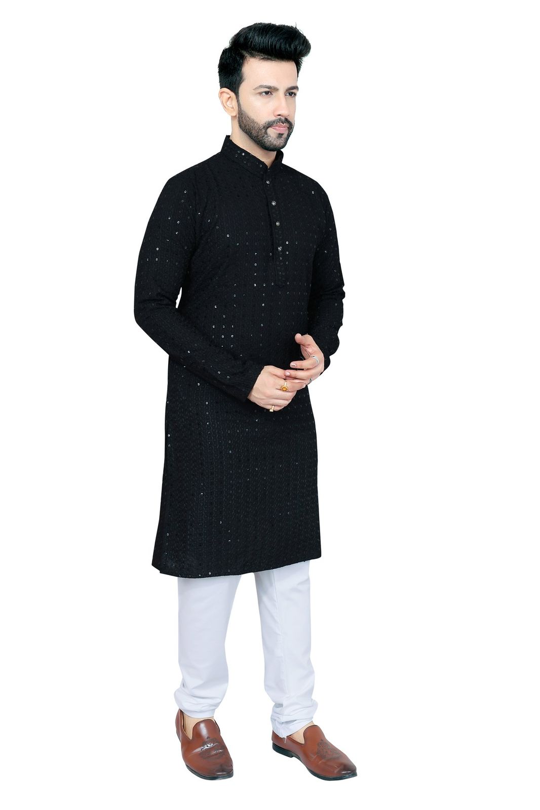 Mens black lattice chikankari sequin kurta pajama