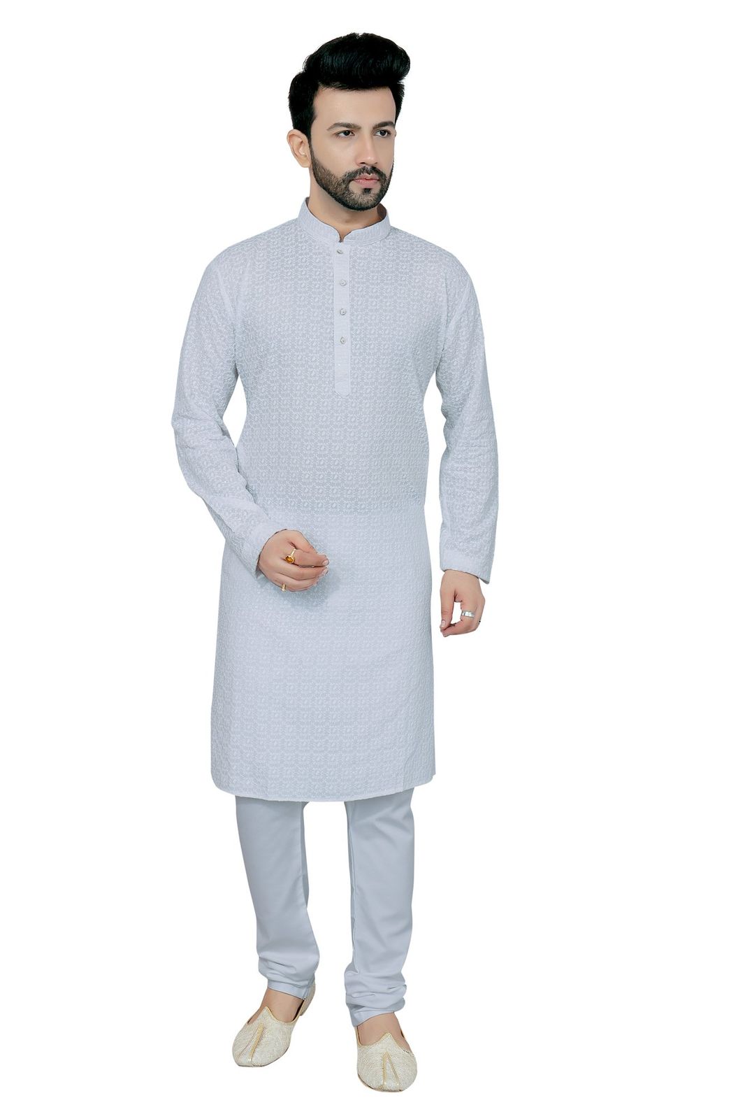 Mens ice grey chikankari kurta pajama