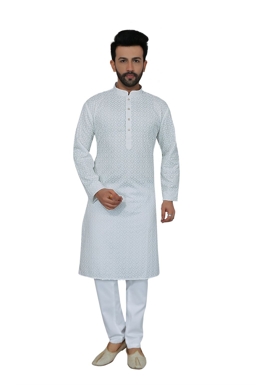 Mens pale grey chikankari kurta pajama