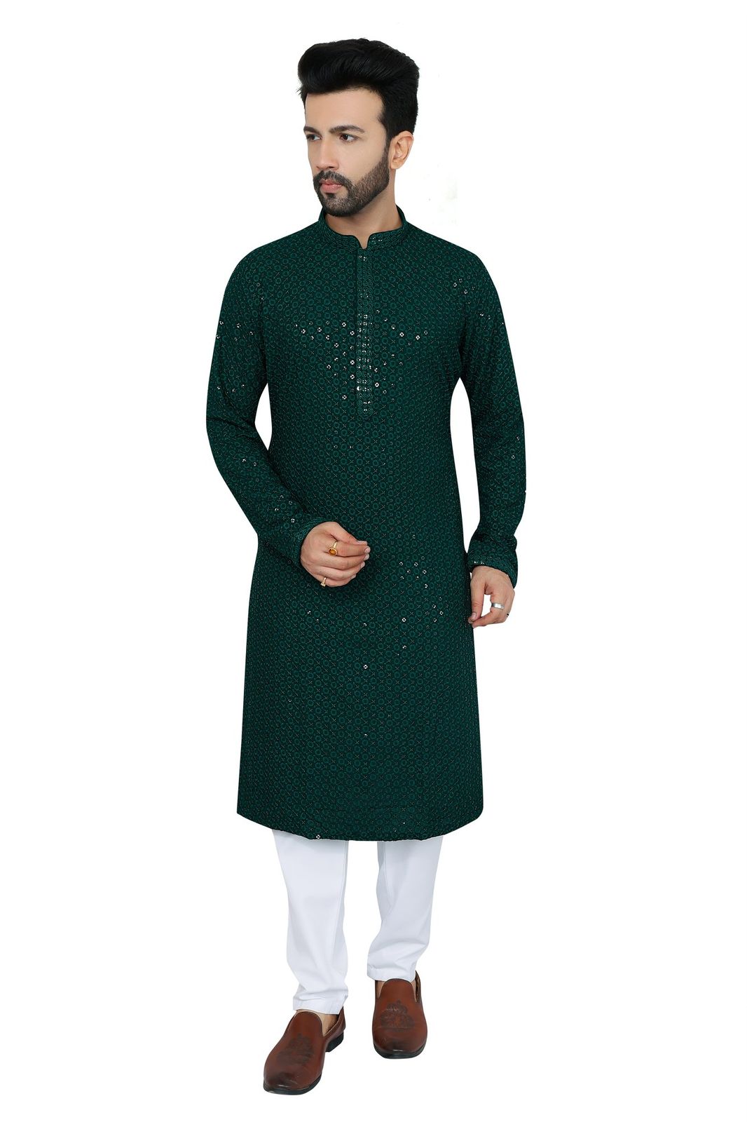 Mens forest green chikankari sequin kurta pajama