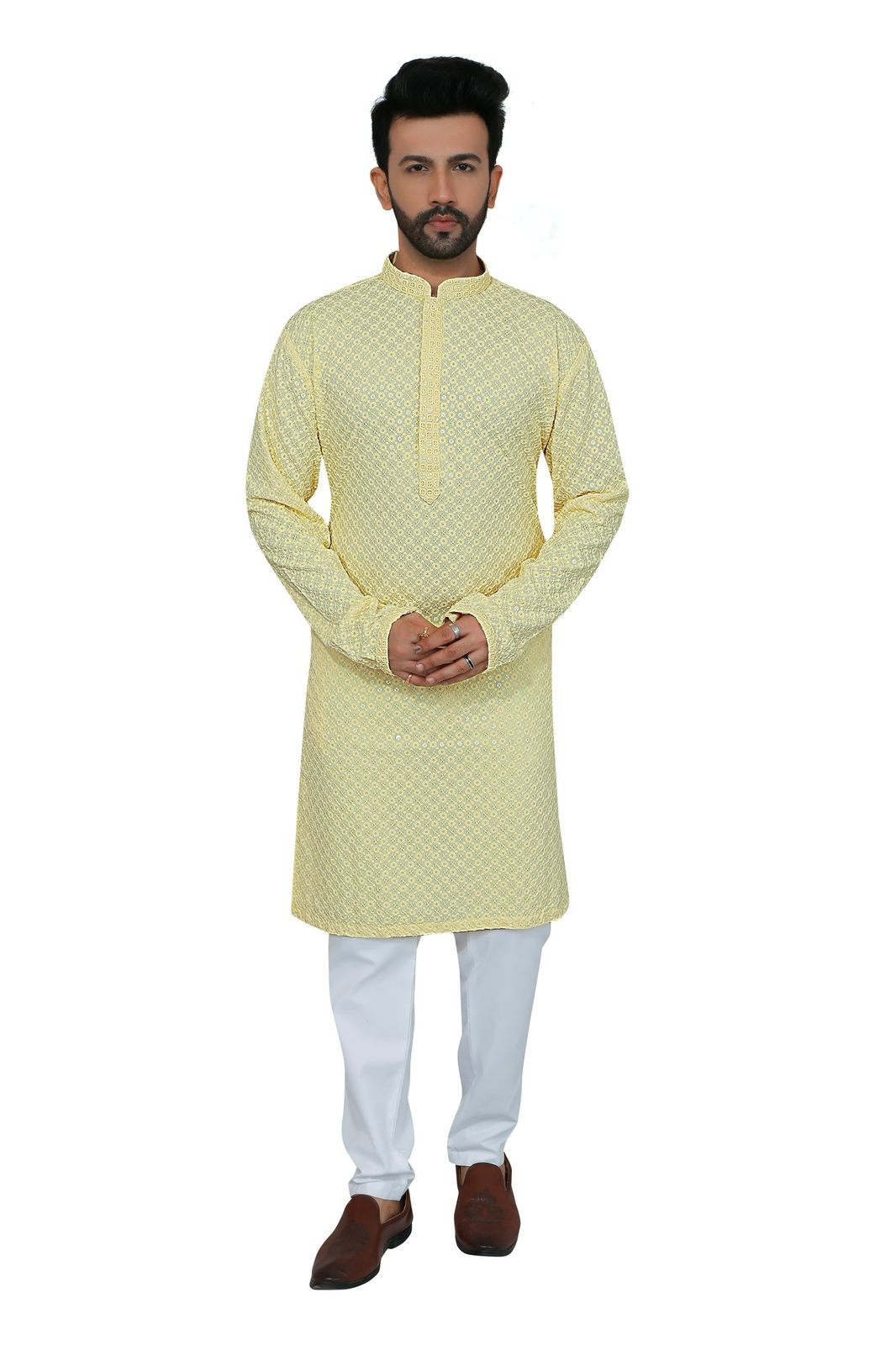 Mens pale lemon chikankari kurta pajama