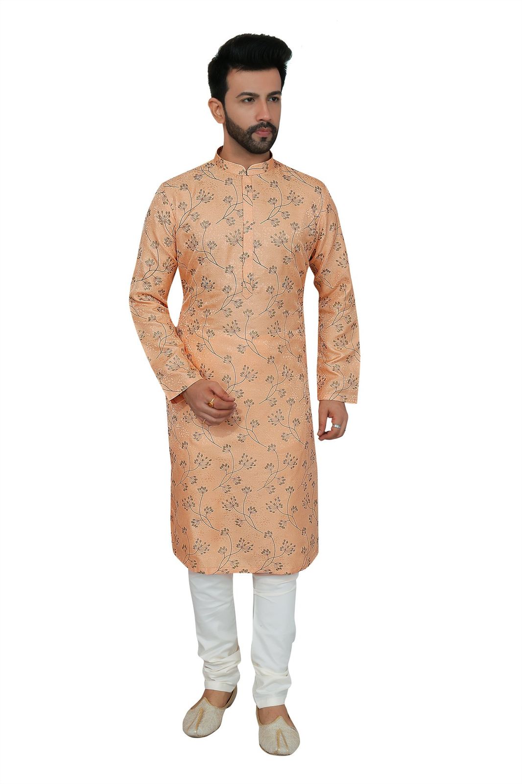 Men's Peach Floral Embroidered Kurta Pajama Set