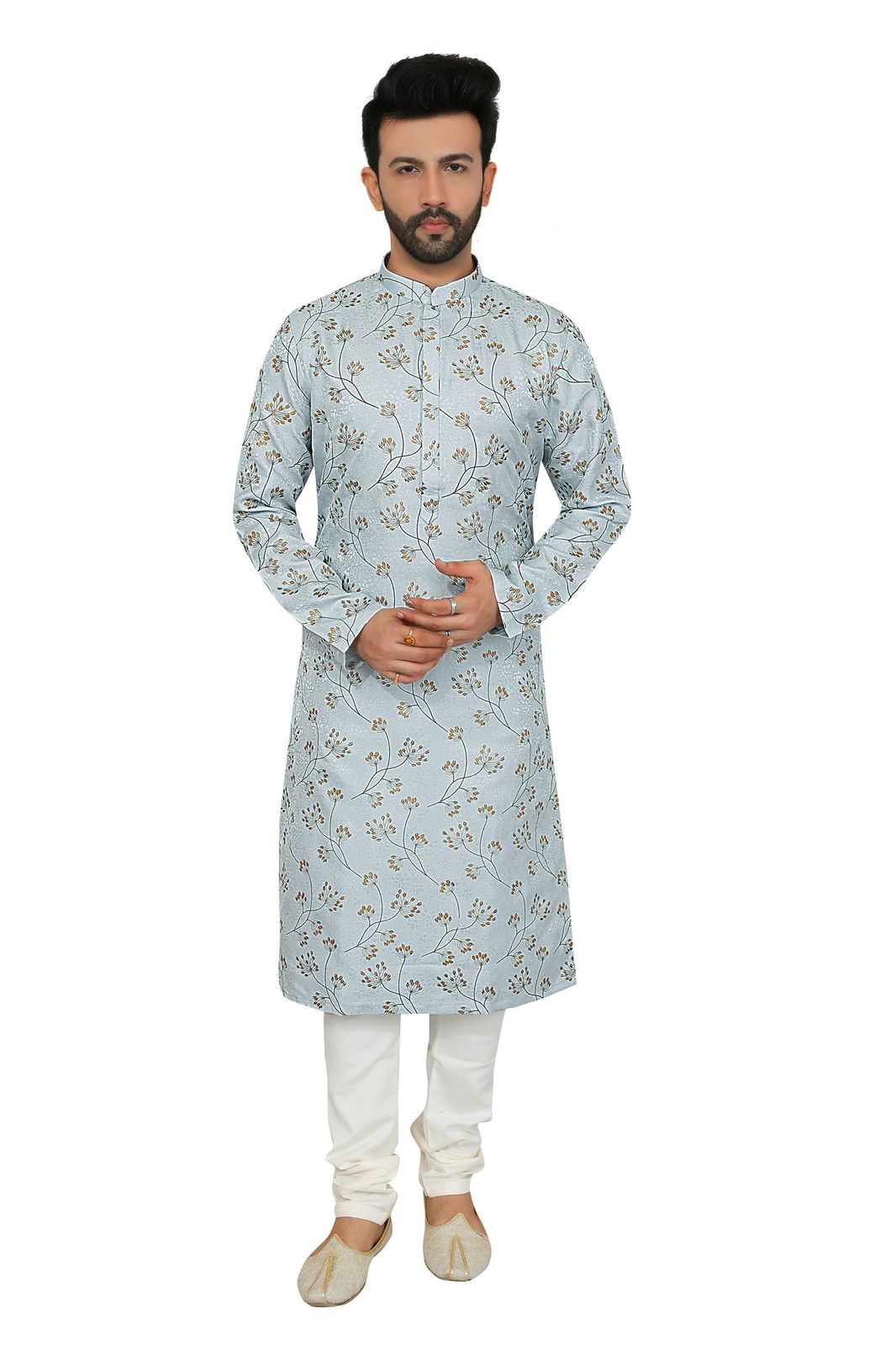 Men's Powder Blue Floral Embroidered Kurta Pajama Set