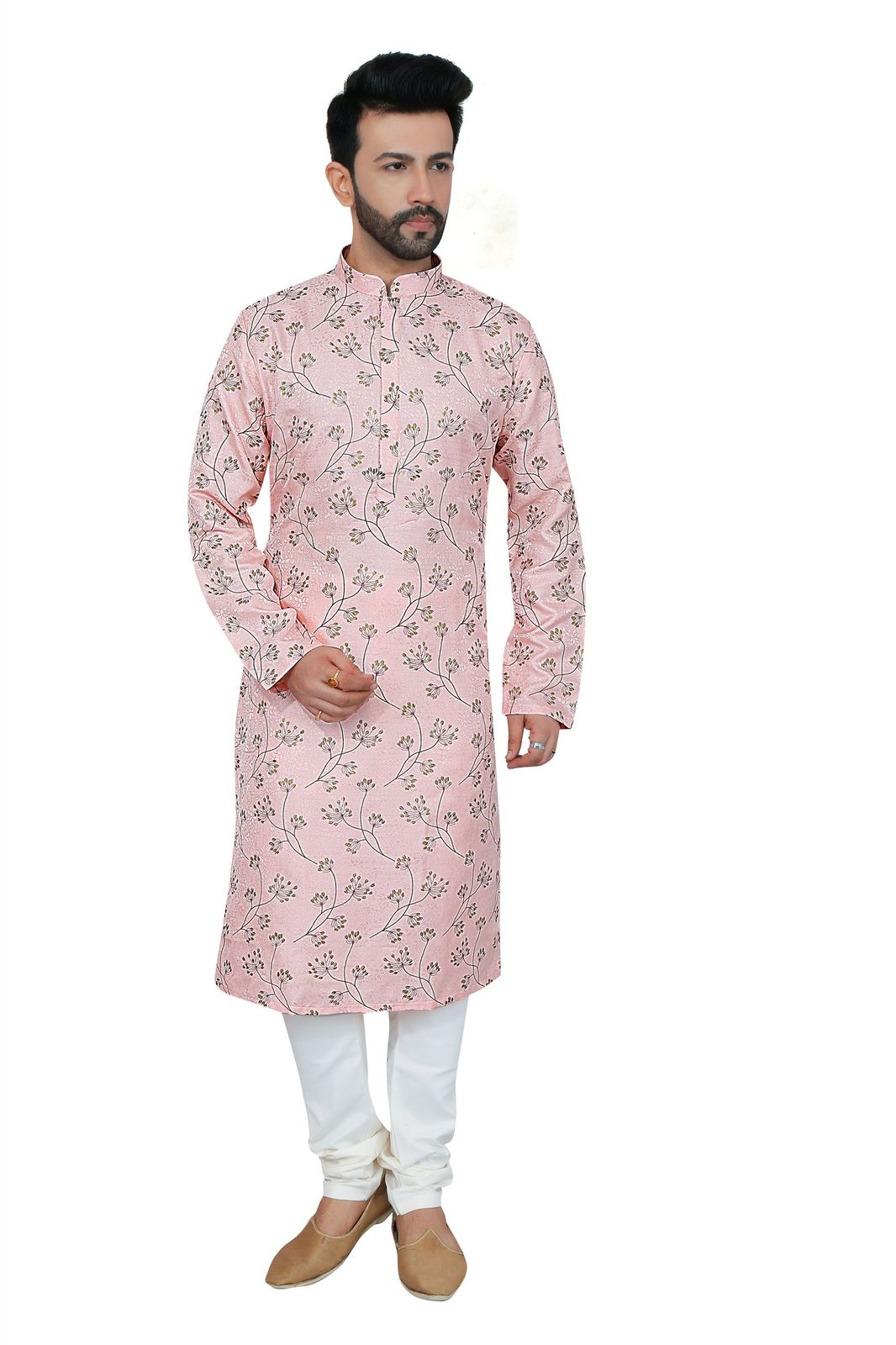 Men's Light Pink Floral Embroidered Kurta Pajama Set