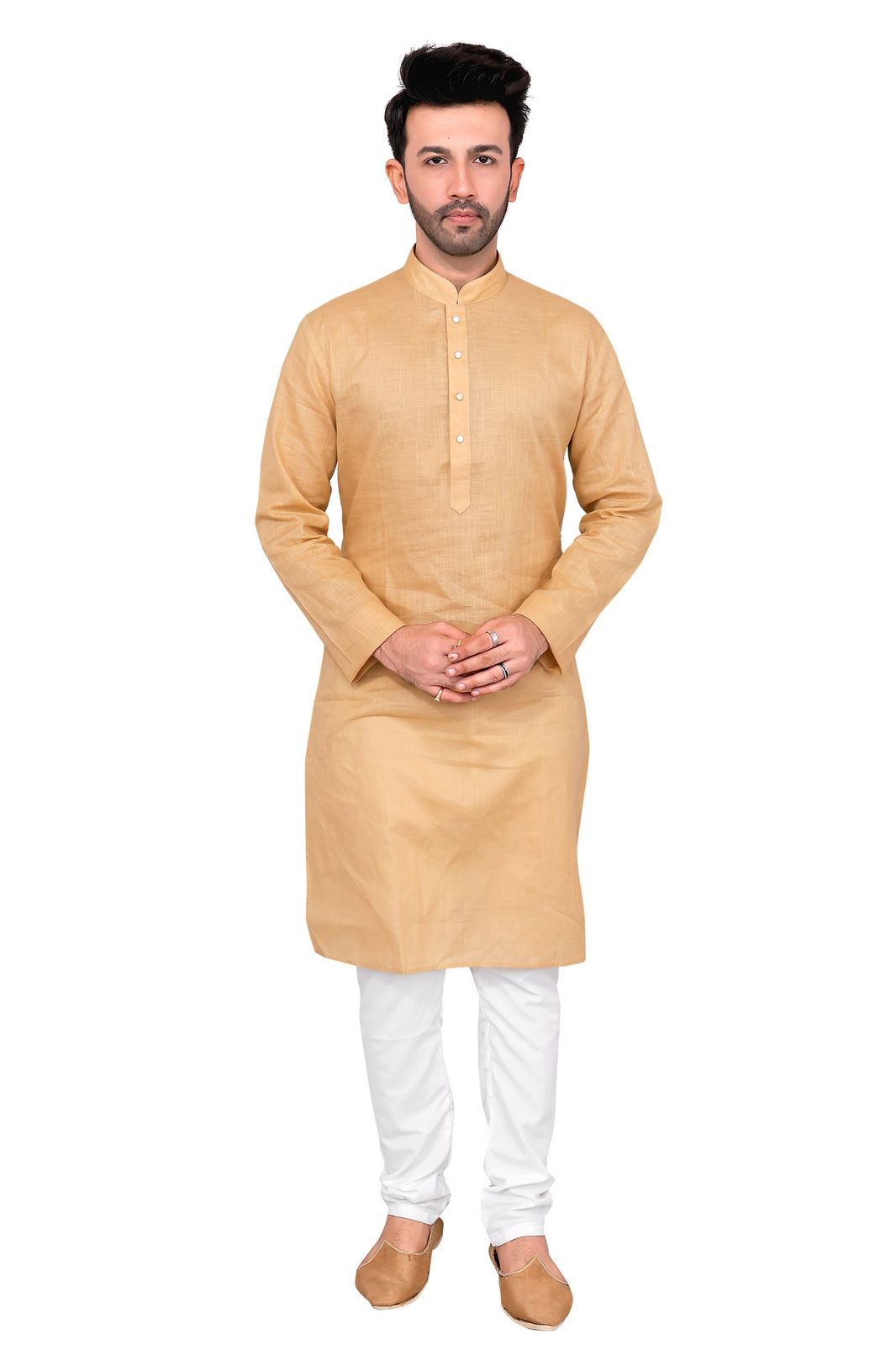 Cotton Silk Blend Kurta and Pyjama Set, Medium Length, Regular Fit, Beige Gold