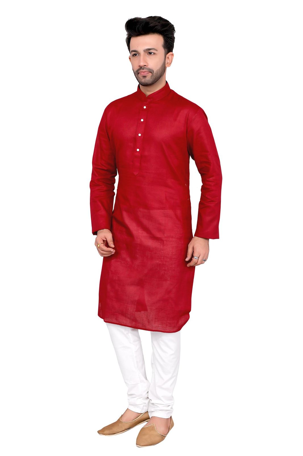 Cotton Silk Blend Kurta and Pyjama Set, Medium Length, Regular Fit, Red