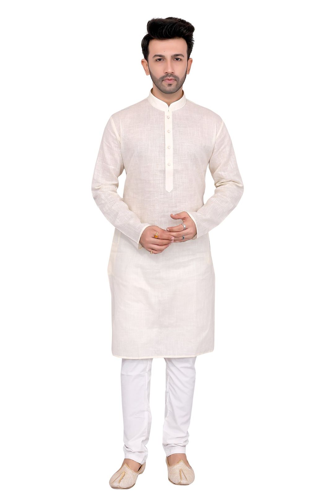 Cotton Silk Blend Kurta and Pyjama Set, Medium Length, Regular Fit, Cream