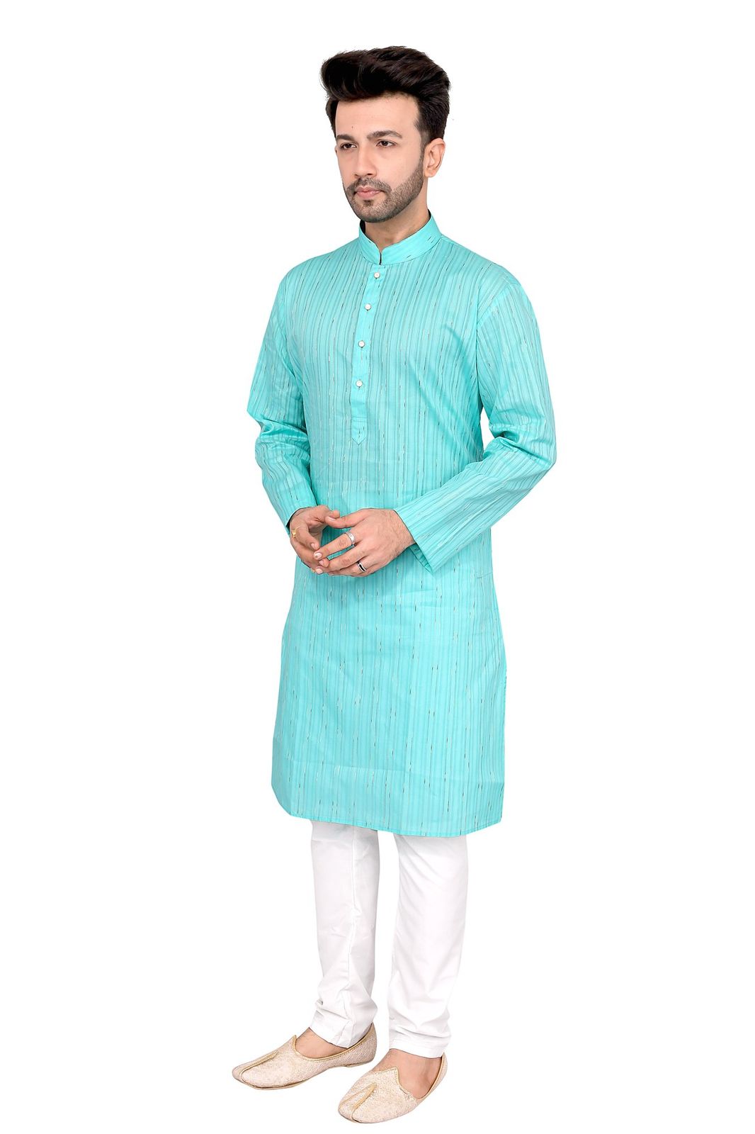 Cotton Silk Blend Kurta and Pyjama Set, Medium Length, Regular Fit, Aqua Self-Stripe