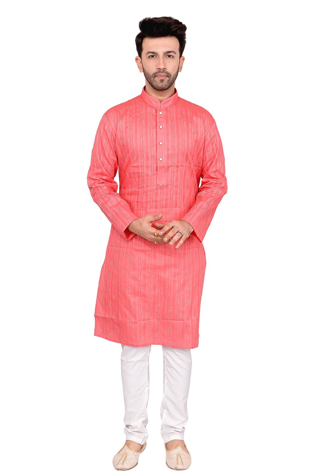 Cotton Silk Blend Kurta and Pyjama Set, Medium Length, Regular Fit, Coral Self-Stripe