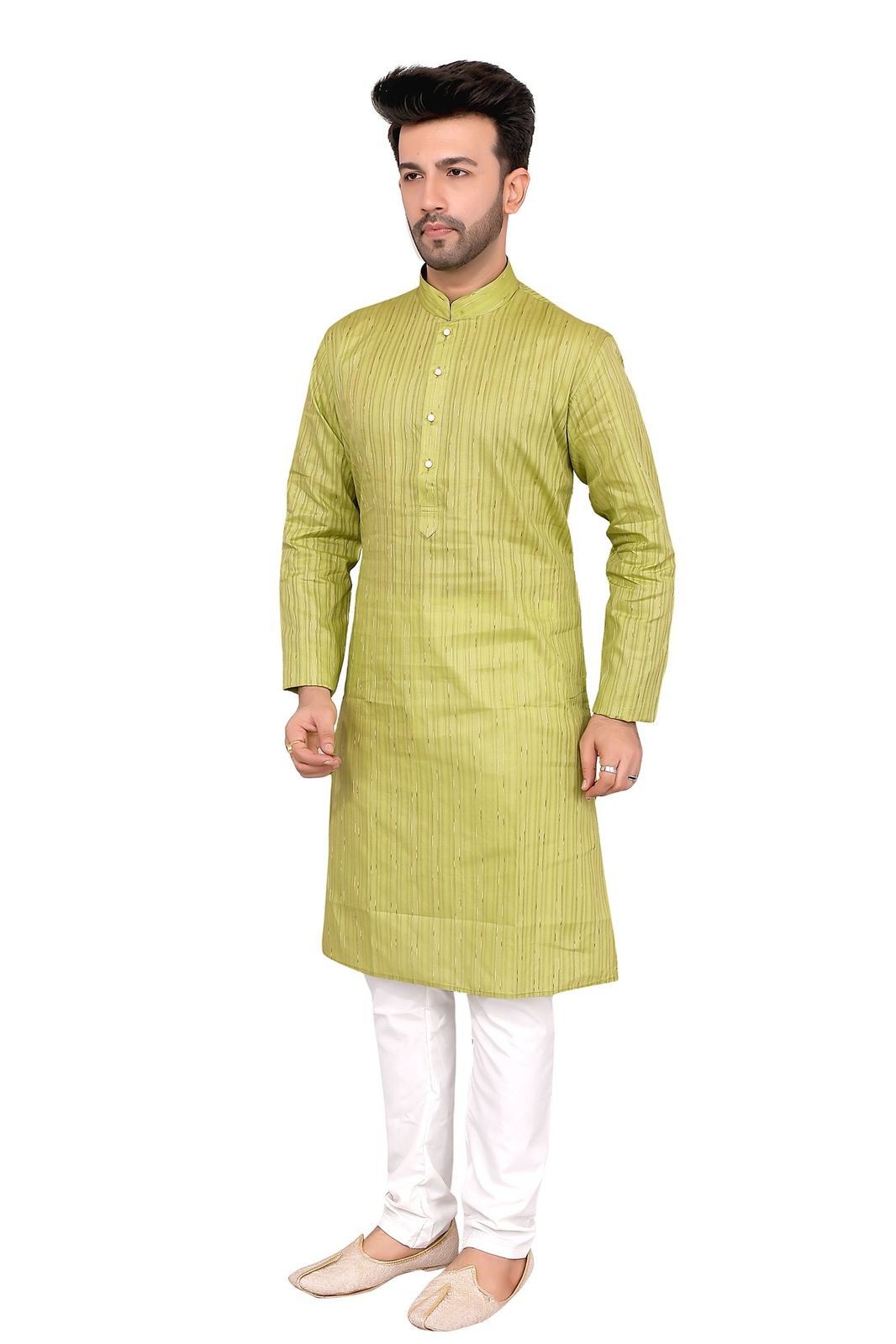 Cotton Silk Blend Kurta and Pyjama Set, Medium Length, Regular Fit, Lime Green Self-Stripe