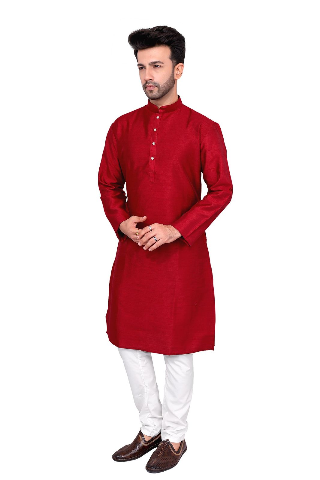 Cotton Silk Blend Kurta and Pyjama Set, Medium Length, Regular Fit, Maroon Red