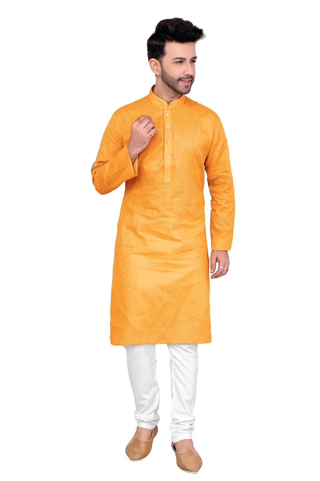 Cotton Silk Blend Kurta and Pyjama Set, Medium Length, Regular Fit, Orange