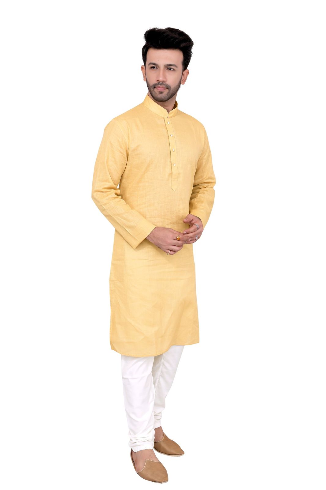 Cotton Silk Blend Kurta and Pyjama Set, Medium Length, Regular Fit, Light Yellow