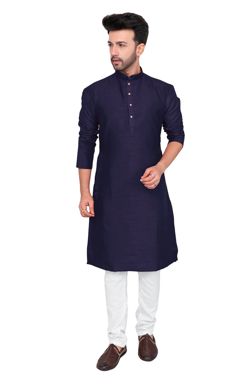 Cotton Silk Blend Kurta and Pyjama Set, Medium Length, Regular Fit, Navy Blue