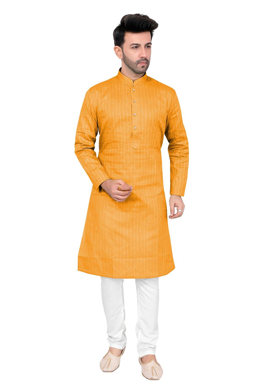 Cotton Silk Blend Kurta and Pyjama Set, Medium Length, Regular Fit, Mustard Orange Self-Stripe