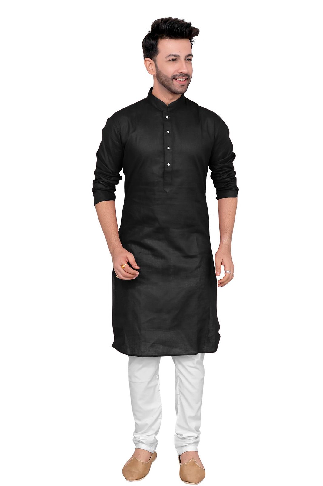Cotton Silk Blend Kurta and Pyjama Set, Medium Length, Regular Fit, Black