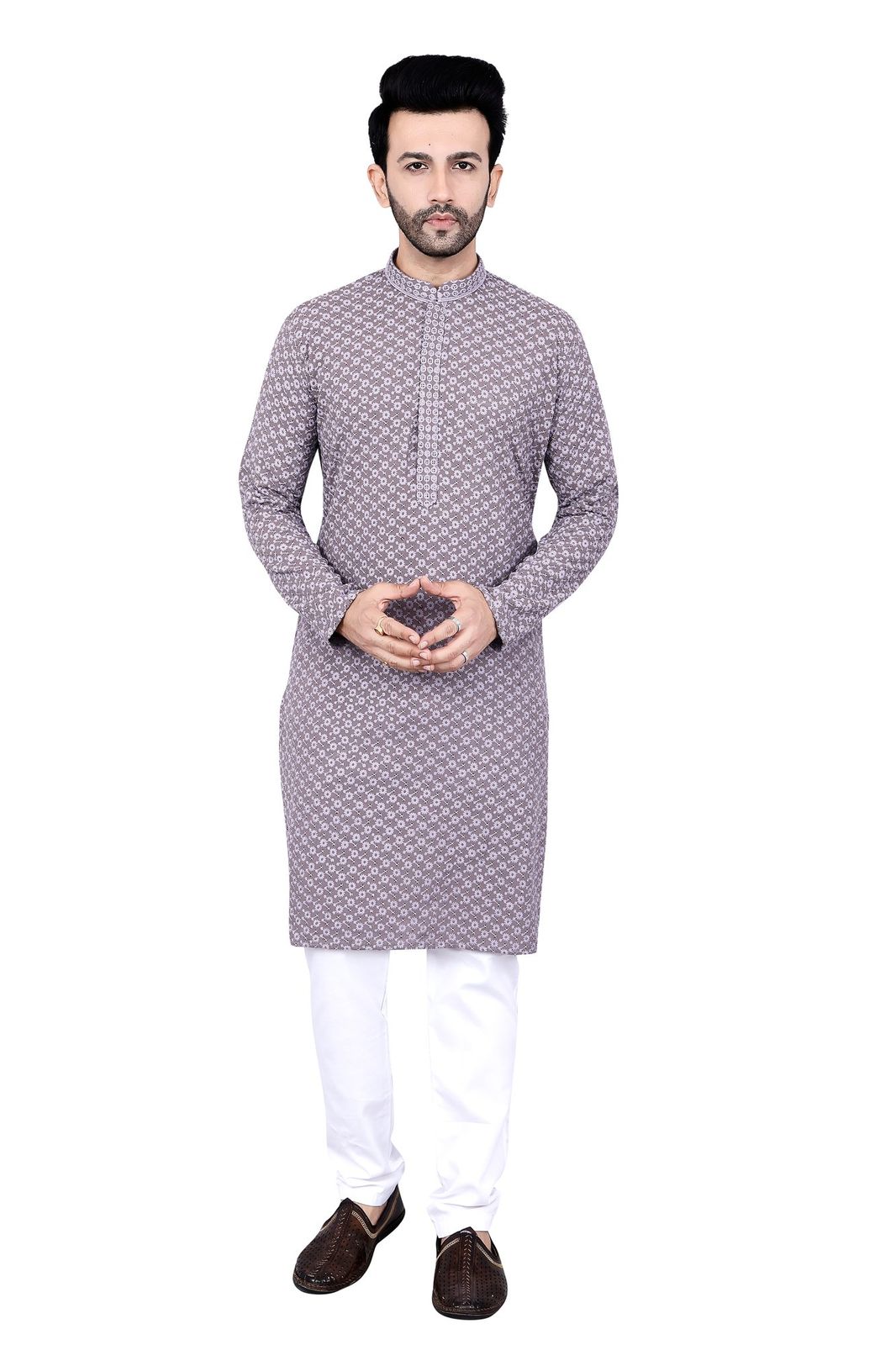 Men's Mauve Grey Printed Kurta Pyjama Set, Regular Fit