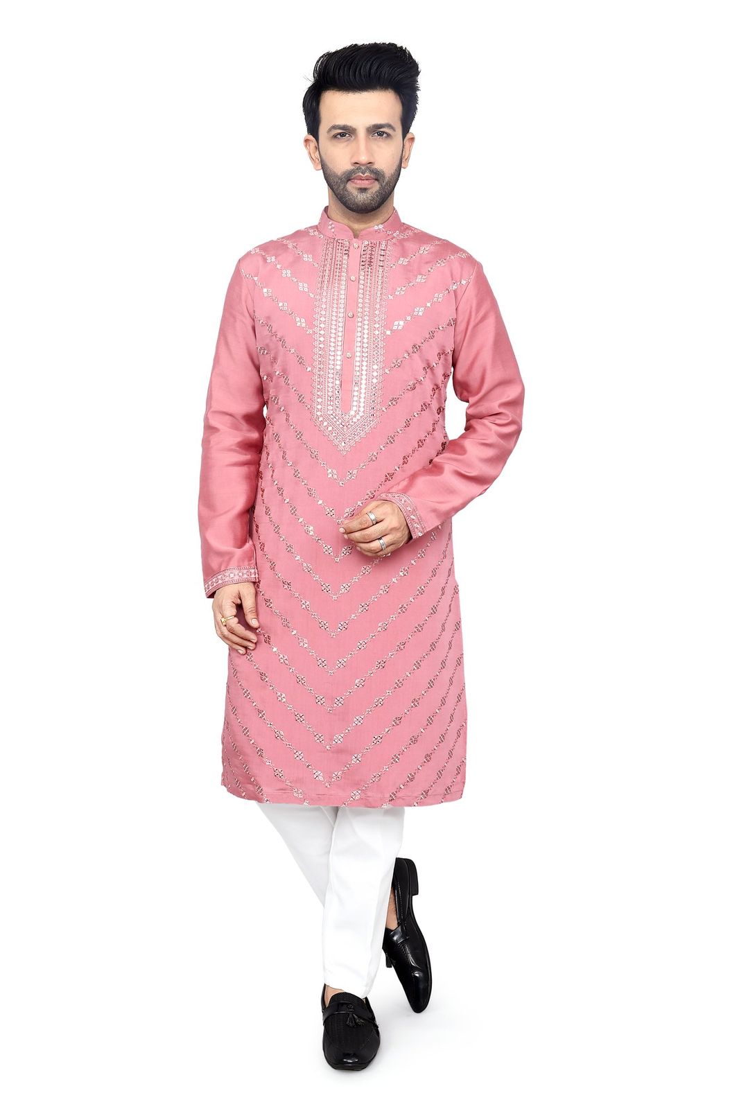 Men's Rose Pink Embroidered Sequinned Kurta Pajama Set, Mandarin Collar