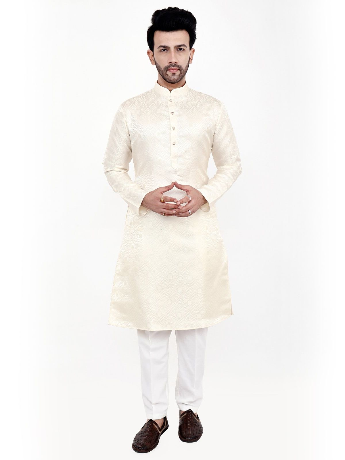 Ivory Jacquard Embroidered Kurta Pajama Set: Men's Festive Wedding Outfit