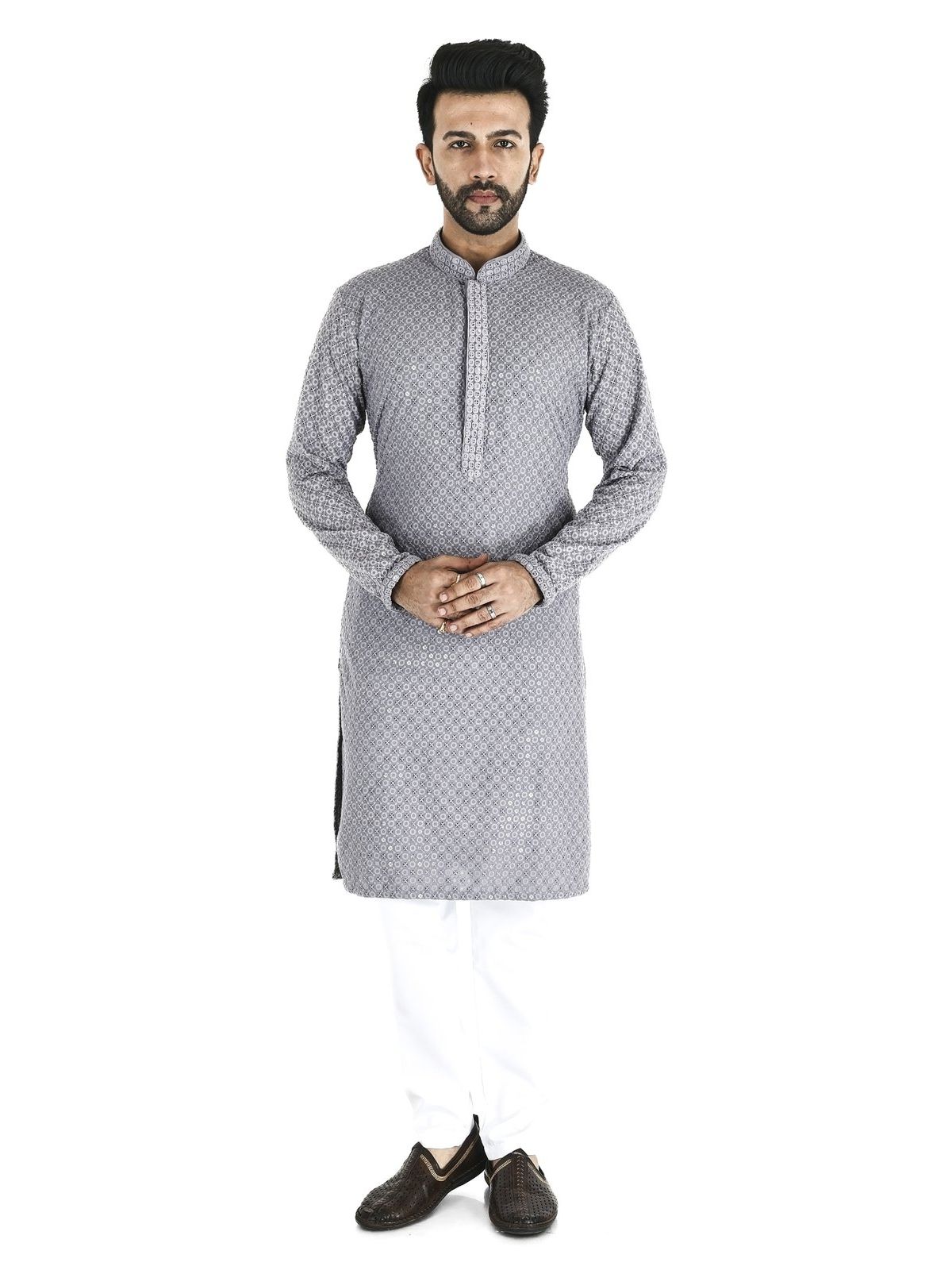 Mens light grey chikankari sequin kurta pajama