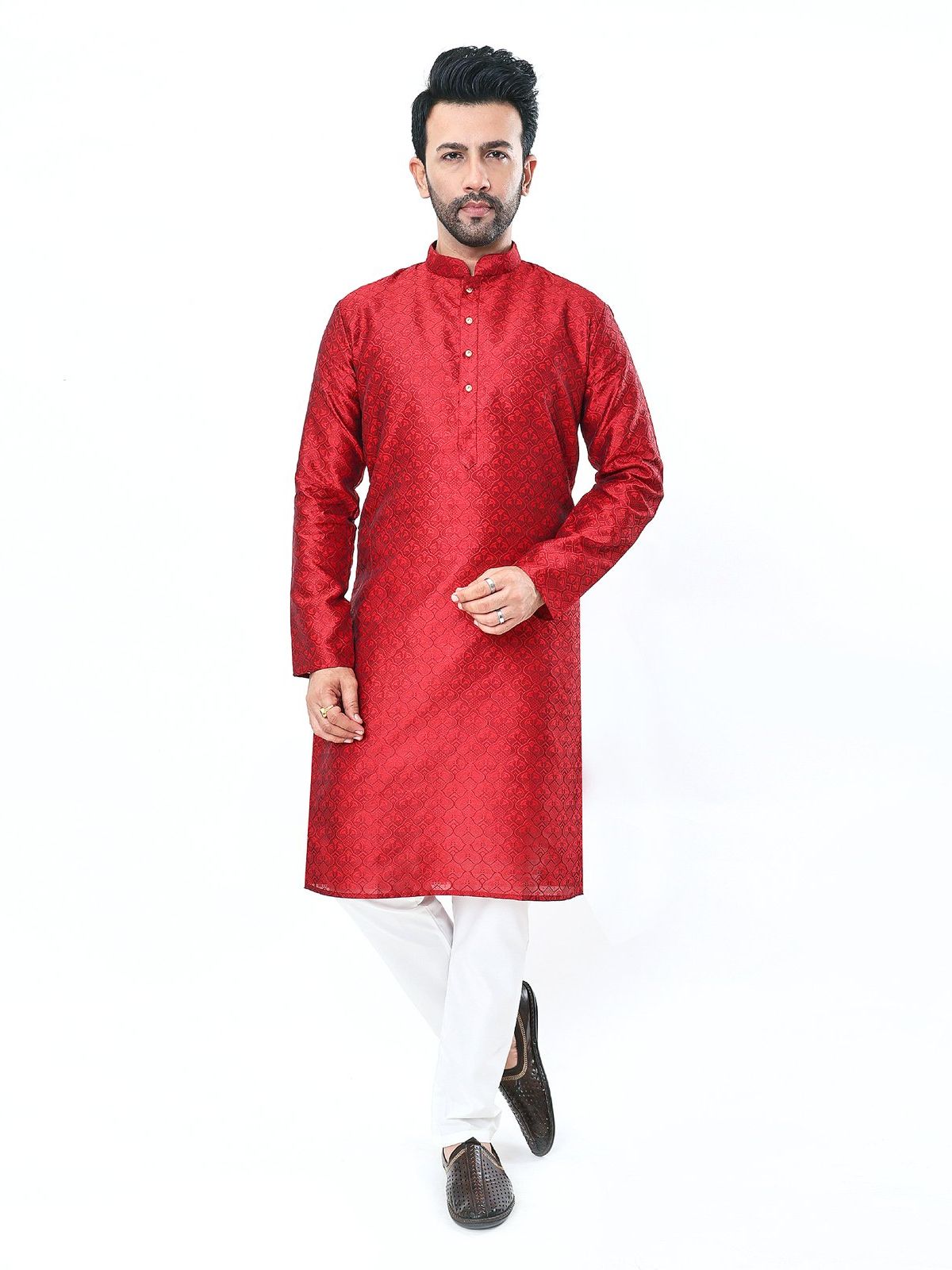 Men's Red Silk Brocade Kurta Pajama Set, Mandarin Collar, Knee Length