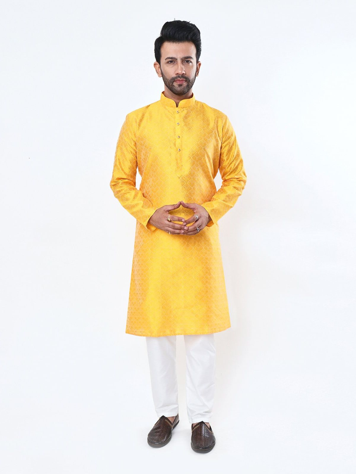 Men's Yellow Silk Kurta Pajama Set, Mandarin Collar, Knee Length