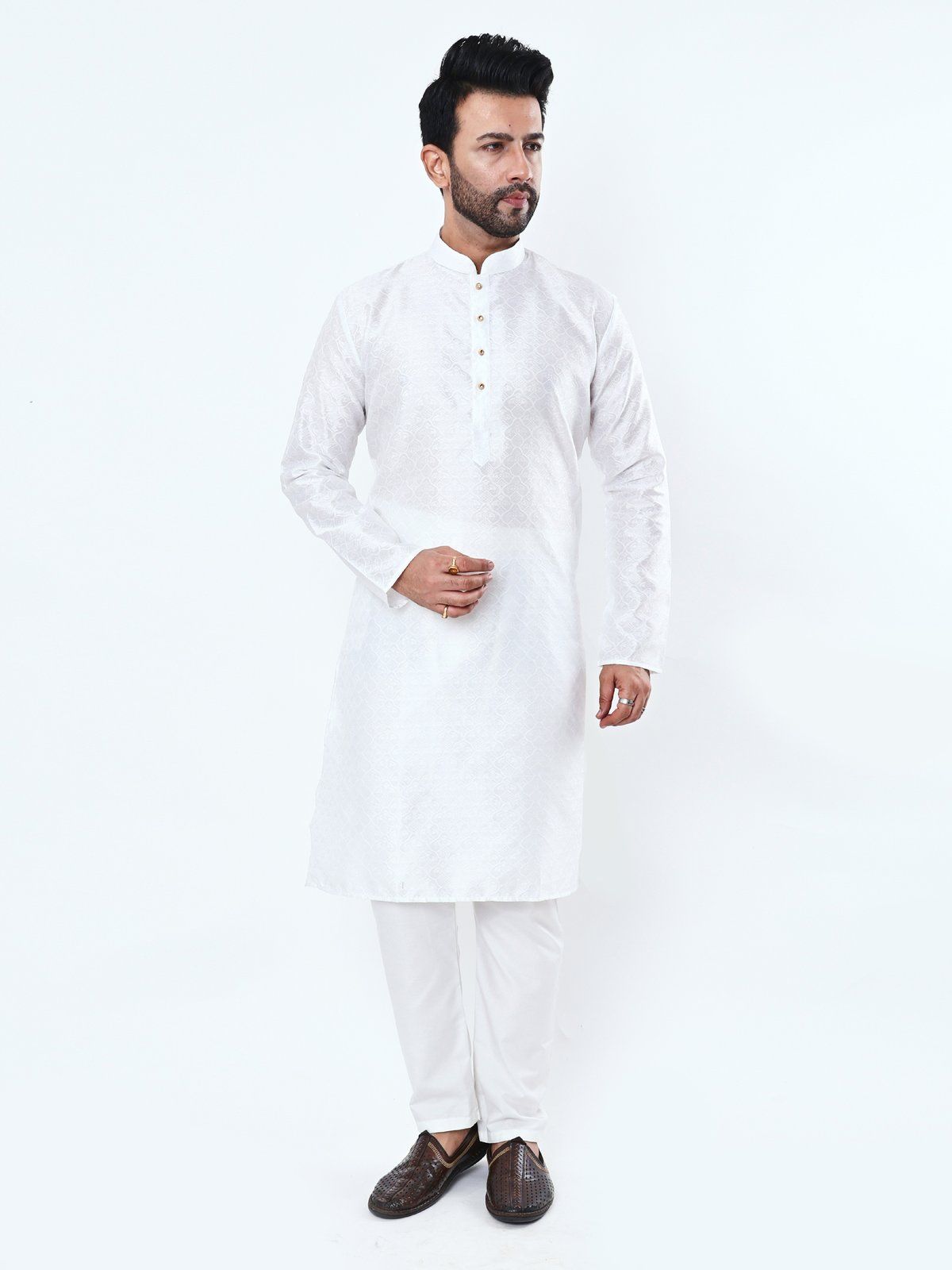 Men's White Floral Jacquard Kurta Pajama Set, Mandarin Collar, Knee Length